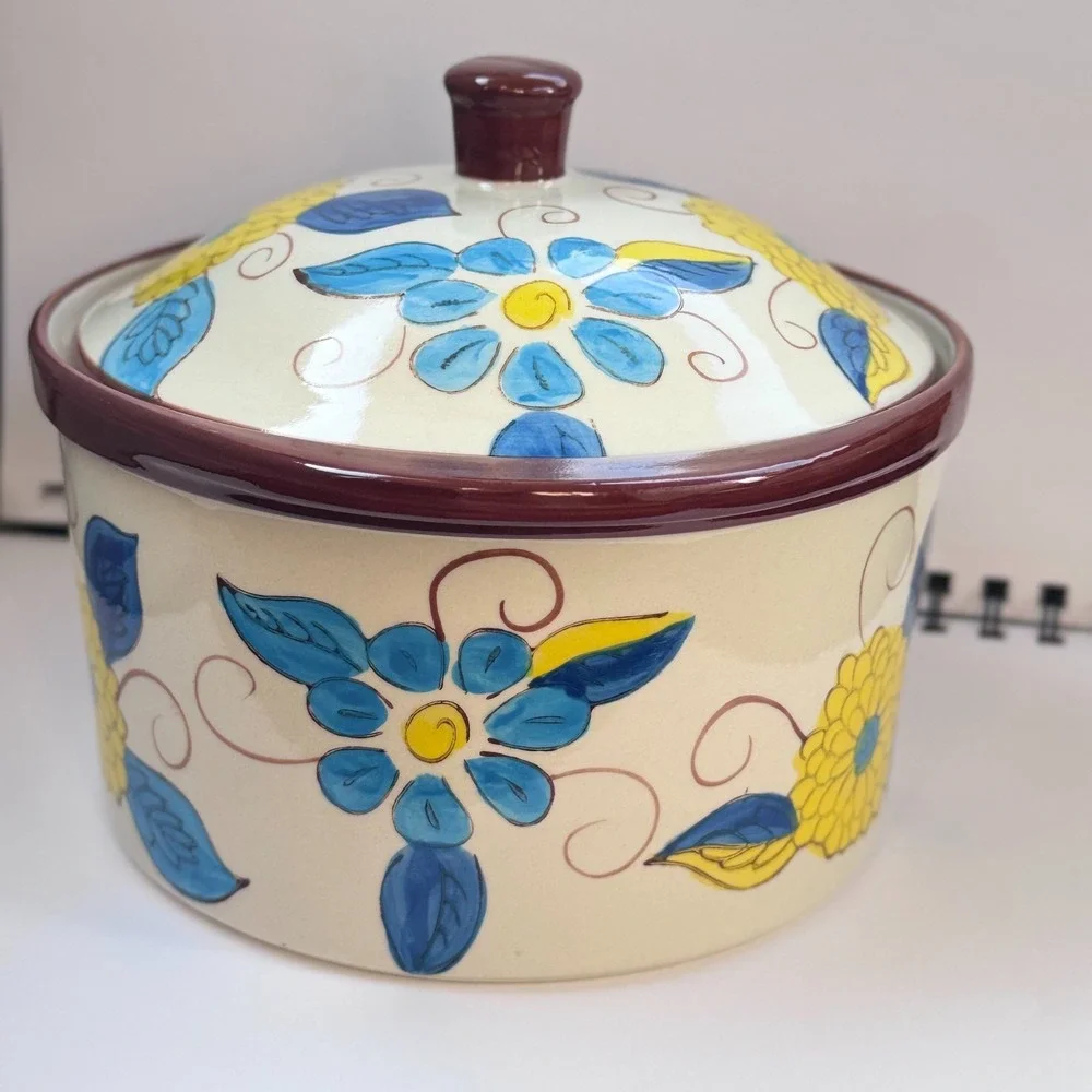 Temp-Tations Yellow & Blue Floral 1 Qt Casserole Presentable Ovenware Crock